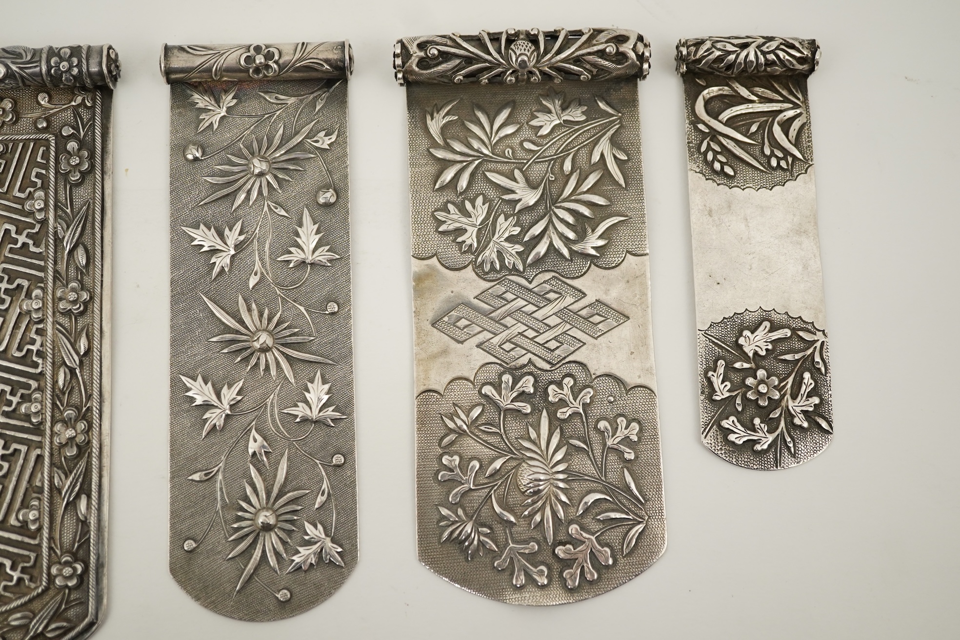 Four Chinese silver hair ornaments, bian fang, late 19th century